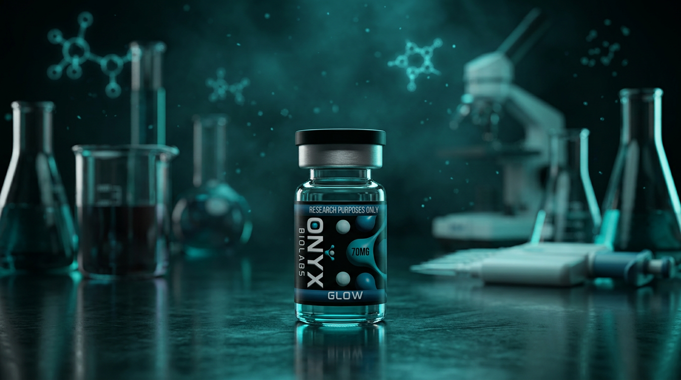 OnyxBioLabs GLOW 70MG vial on a dark research laboratory bench