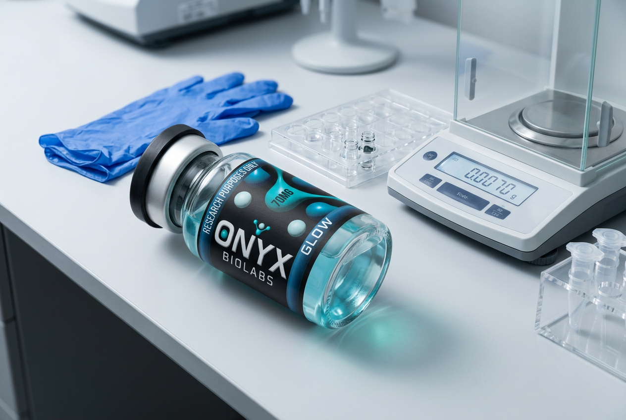 OnyxBioLabs GLOW 70MG vial on a laboratory bench with gloves, a precision scale and specimen tray